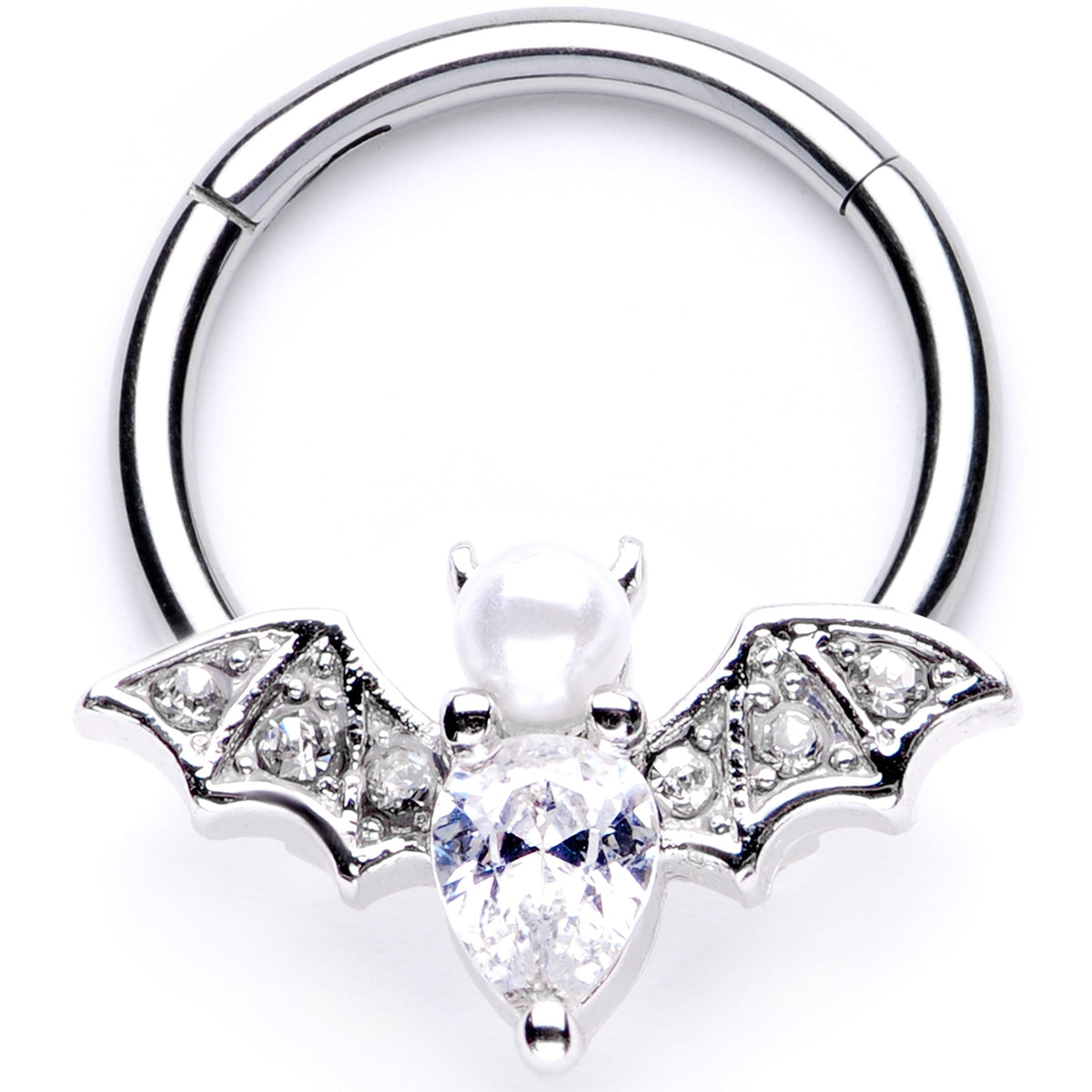 16G 3/8 Clear Gem Vampire Bat Halloween Hinged Segment Ring