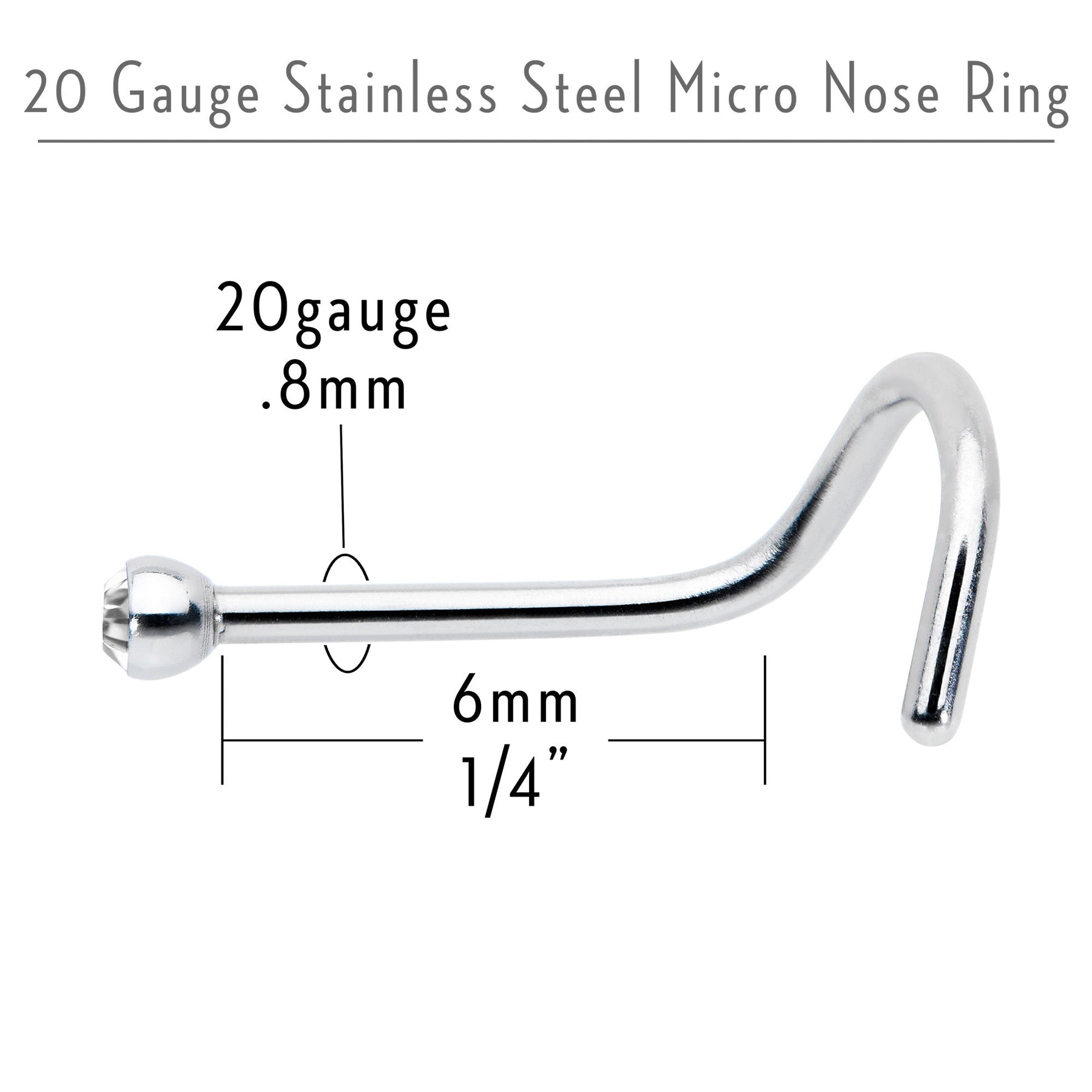20G Stainless Steel Crystalline Gem Micro Nose Ring Twister