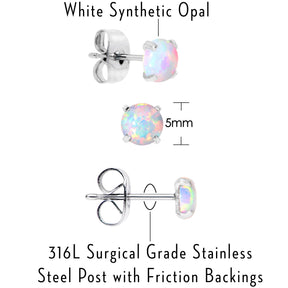 White Synthetic Opal Stainless Steel Post Stud Earring Pack Set of 3