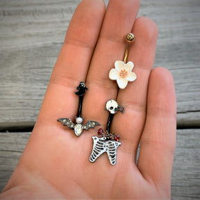 Black Skeleton Skull Rose Halloween Double Mount Belly Ring
