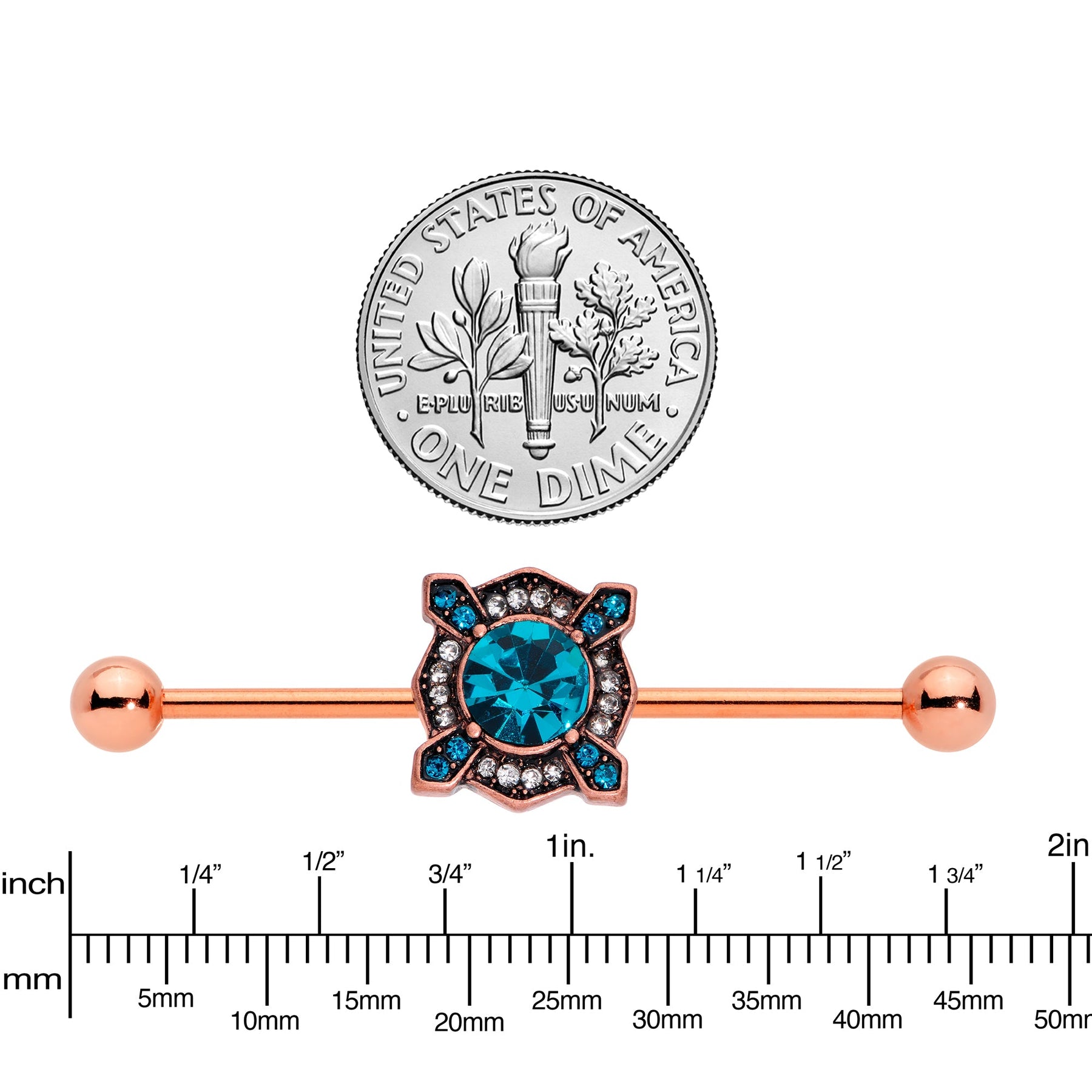 14G Aqua Gem Rose Gold Tone Renaissance Industrial Barbell 38mm