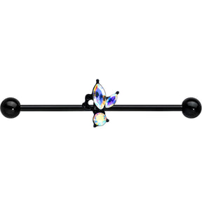 14G Aurora CZ Gem Black Fleur de Lis Butterfly Industrial Barbell 38mm