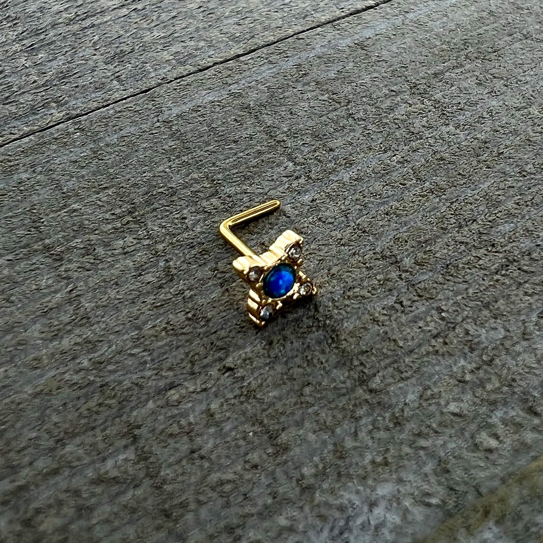 20G 1/4 Blue Synthetic Opal Gold Hue Rhombus L Shape Nose Ring