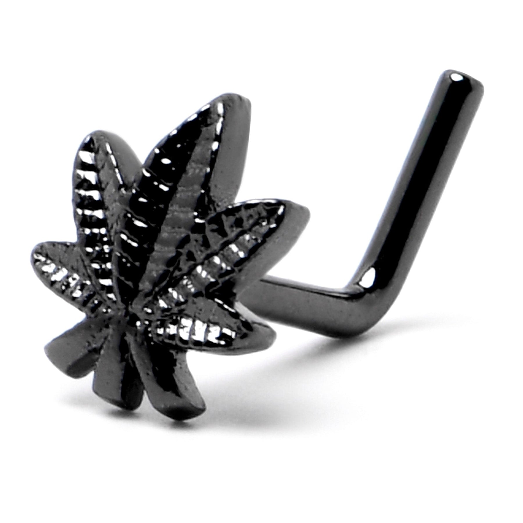 20G 1/4 Black Texture Pot Leaf L Shape Nose Ring