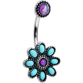 Blue Faux Opal Flower Teal Petals Double Mount Belly Ring