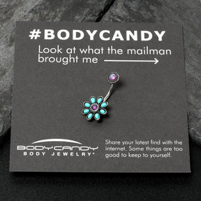 Blue Faux Opal Flower Teal Petals Double Mount Belly Ring