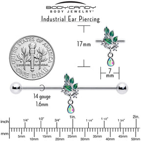 14G Aurora CZ Gem Morning Leaves Dangle Industrial Barbell 38mm