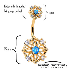 Blue CZ Gem Gold Tone Flower Ring Double Mount Belly Ring