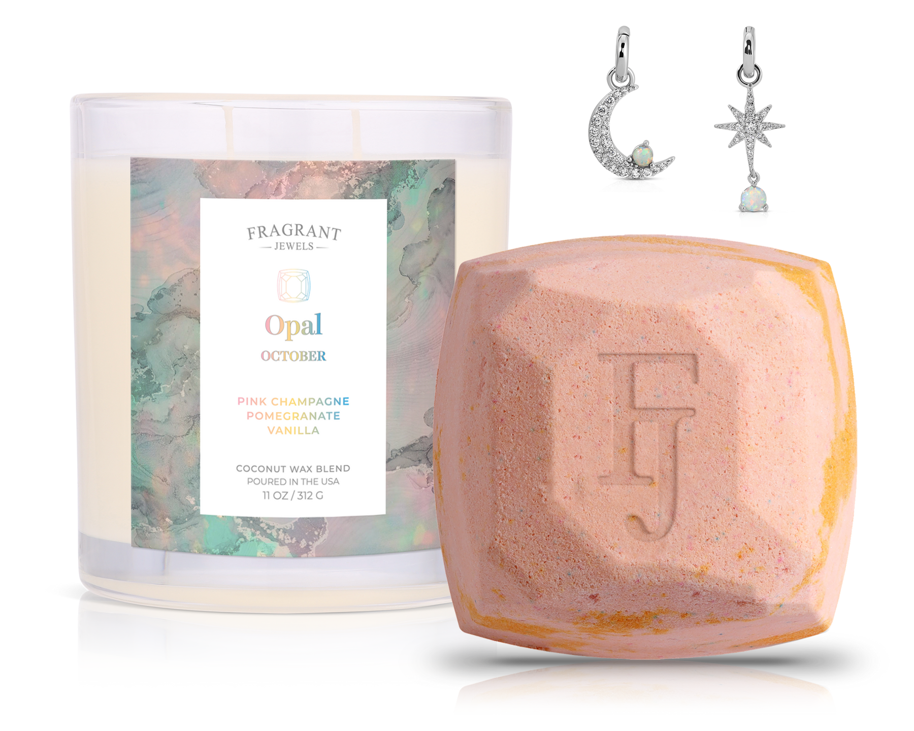 October Opal Birthstone Charm - Candle and Bath Bomb Set