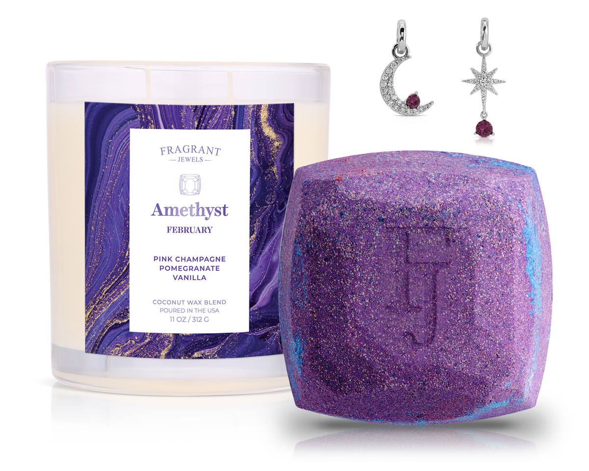 February Amethyst Birthstone Charm - Candle and Bath Bomb Set