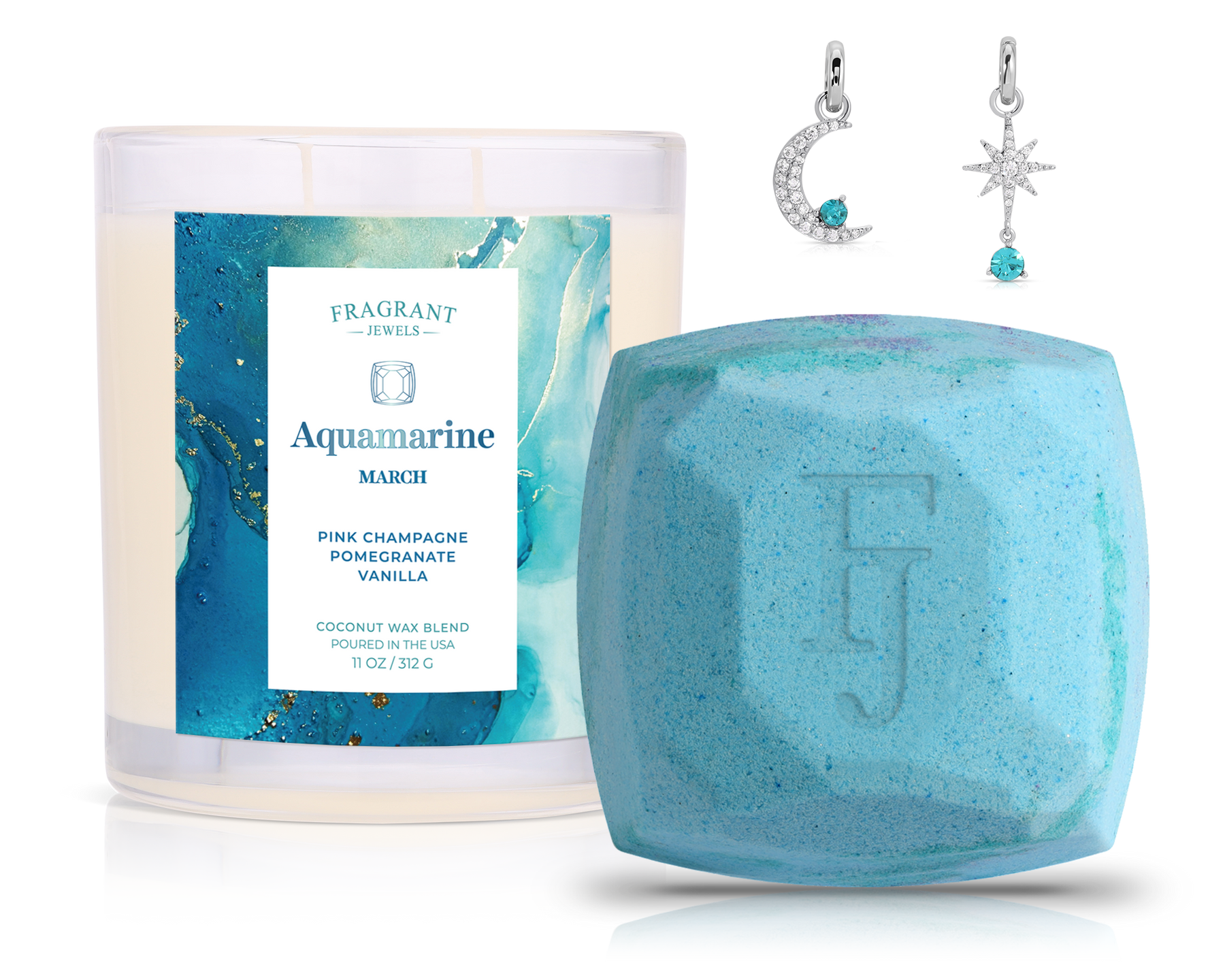 March Aquamarine Birthstone Charm - Candle and Bath Bomb Set