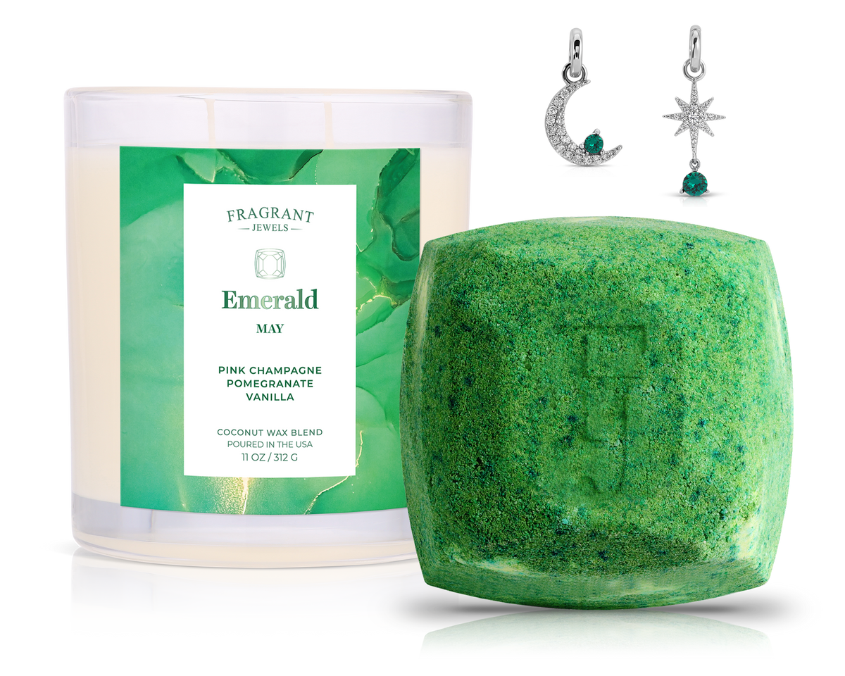 May Emerald Birthstone Charm - Candle and Bath Bomb Set