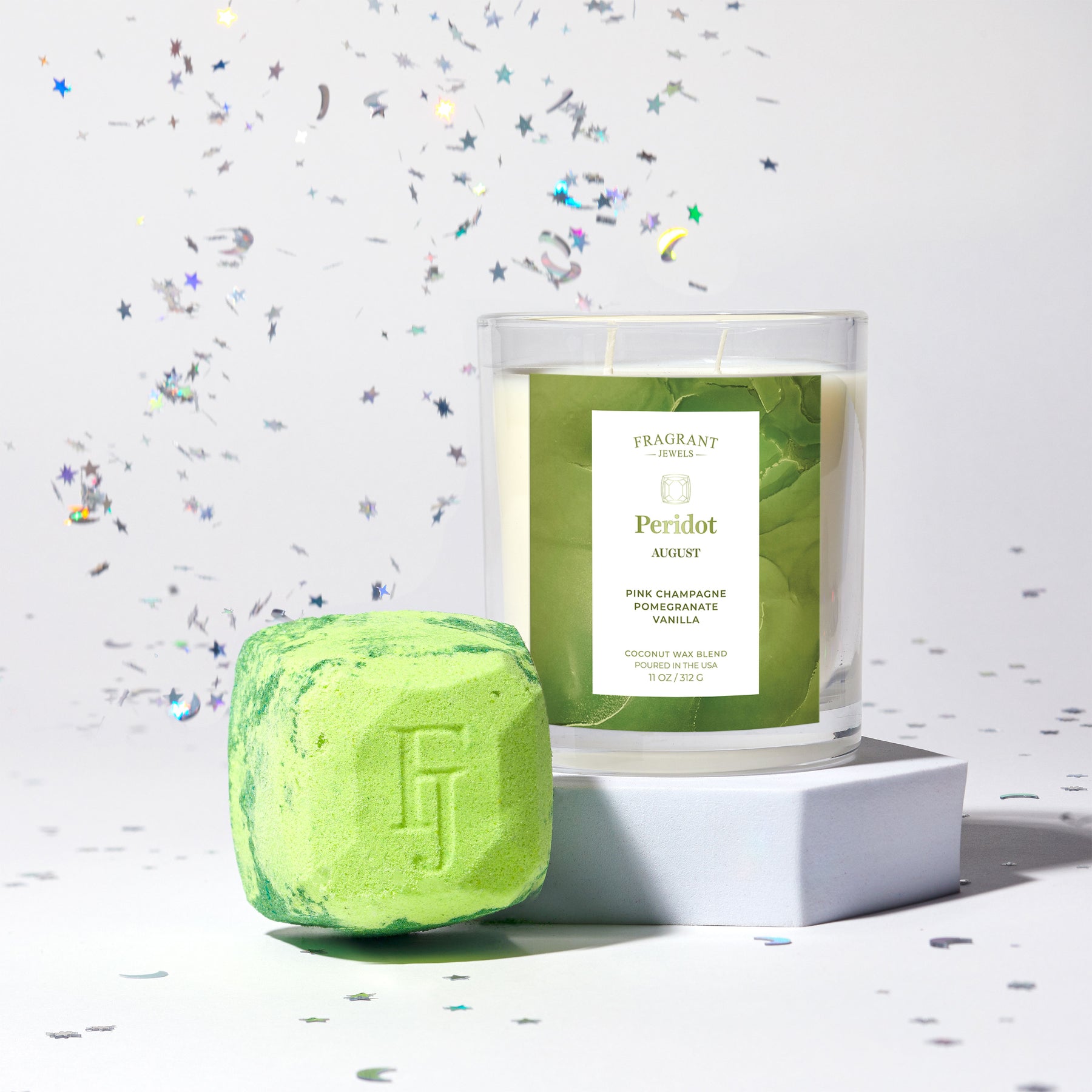 August Peridot Birthstone Charm - Candle and Bath Bomb Set