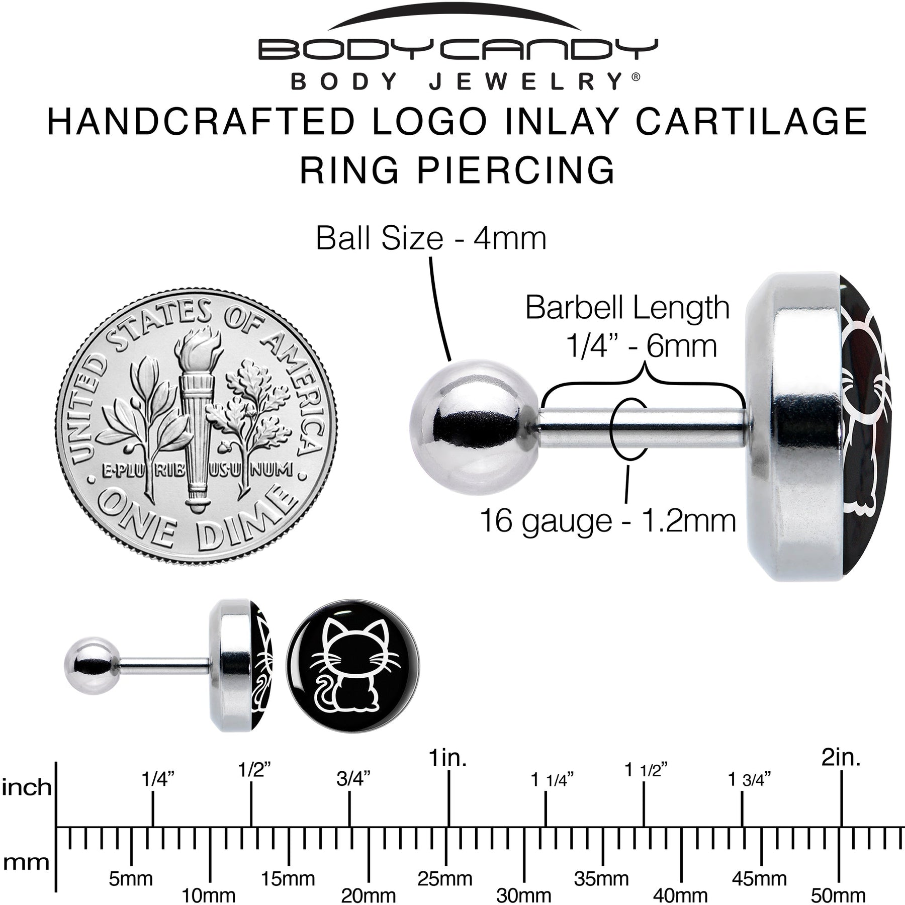 16G 1/4 Black and White Kitty Cat Cartilage Tragus Earring by Onyx O